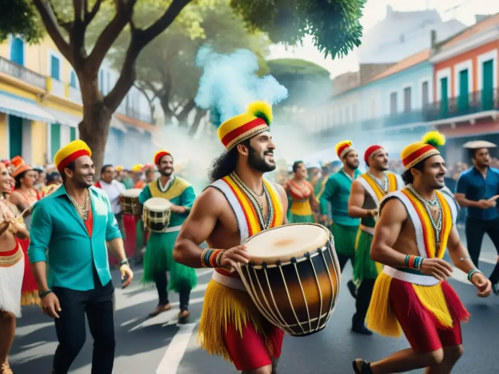 Vibrante escena de músicos de Candombe en carnaval uruguayo Un vibrante Carnaval Uruguayo con músicos tocando tambores Candombe bajo un árbol en una calle bulliciosa, en armonía con la naturaleza