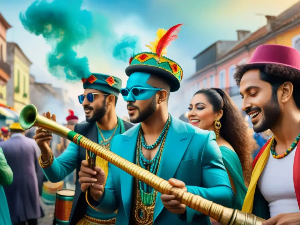 Innovadora música eco en el Carnaval Uruguayo En el vibrante Carnaval Uruguayo, músicos tocan instrumentos reciclados en un desfile colorido