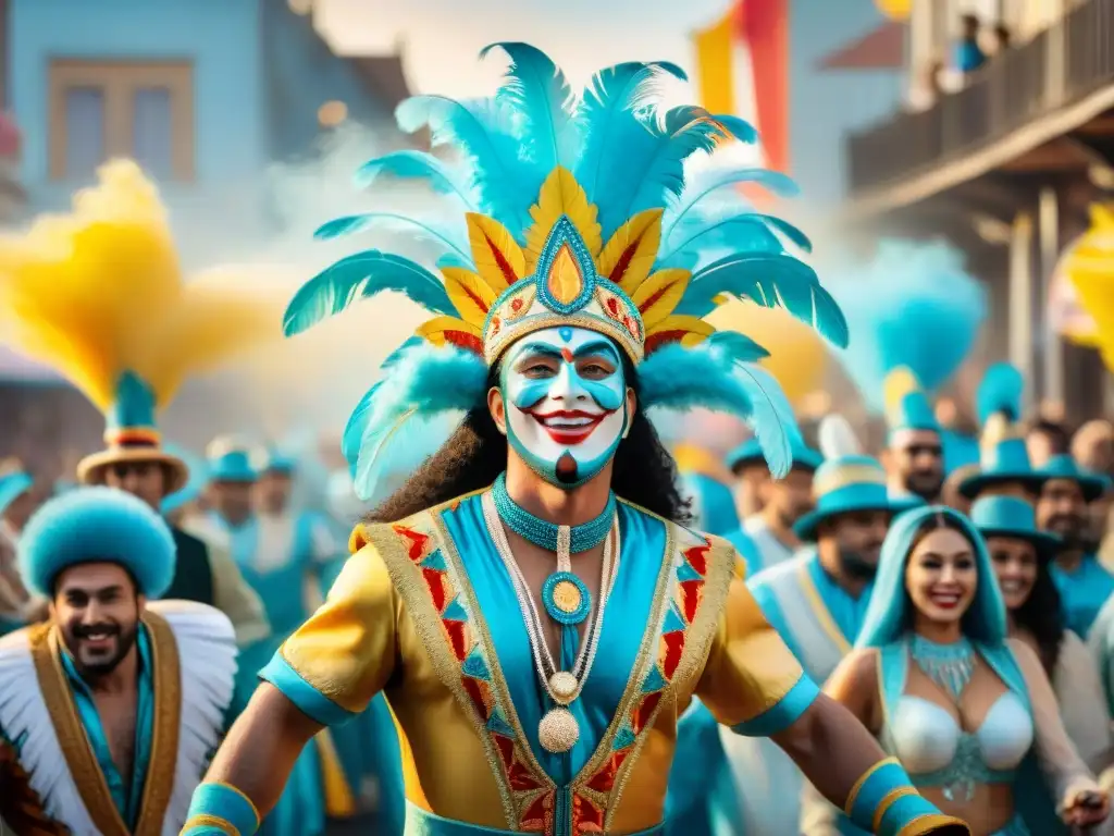 Deslumbrante carnaval uruguayo: colores y alegría Vibrante ilustración acuarela del Carnaval Uruguayo, narrativa y llena de color, capturando la esencia festiva y energía