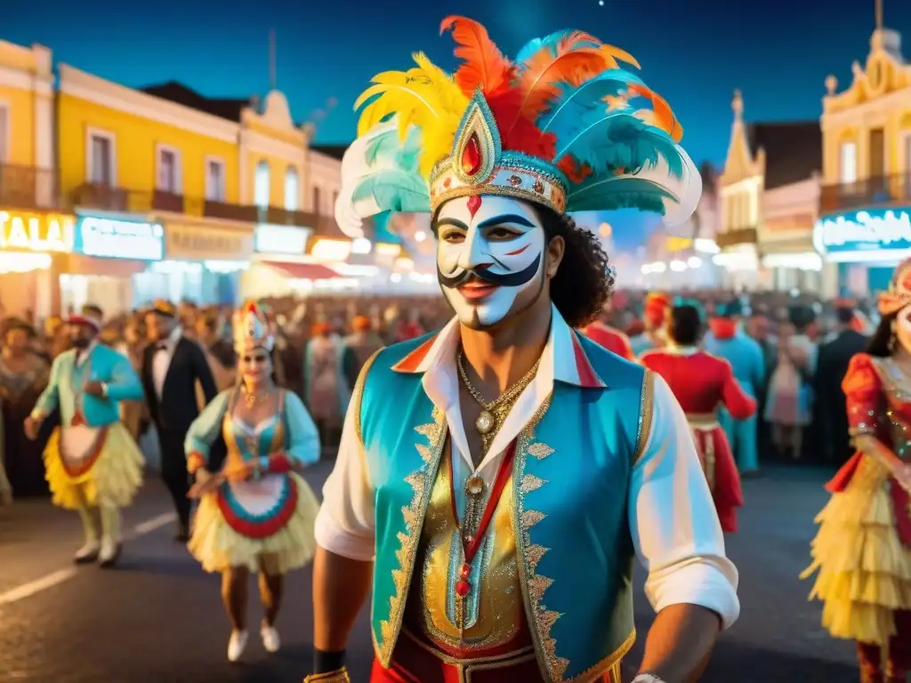 Deslumbrante Carnaval Nocturno en Uruguay Fotografiar el vibrante Carnaval Uruguayo de Noche con coloridos desfiles y espectadores animados