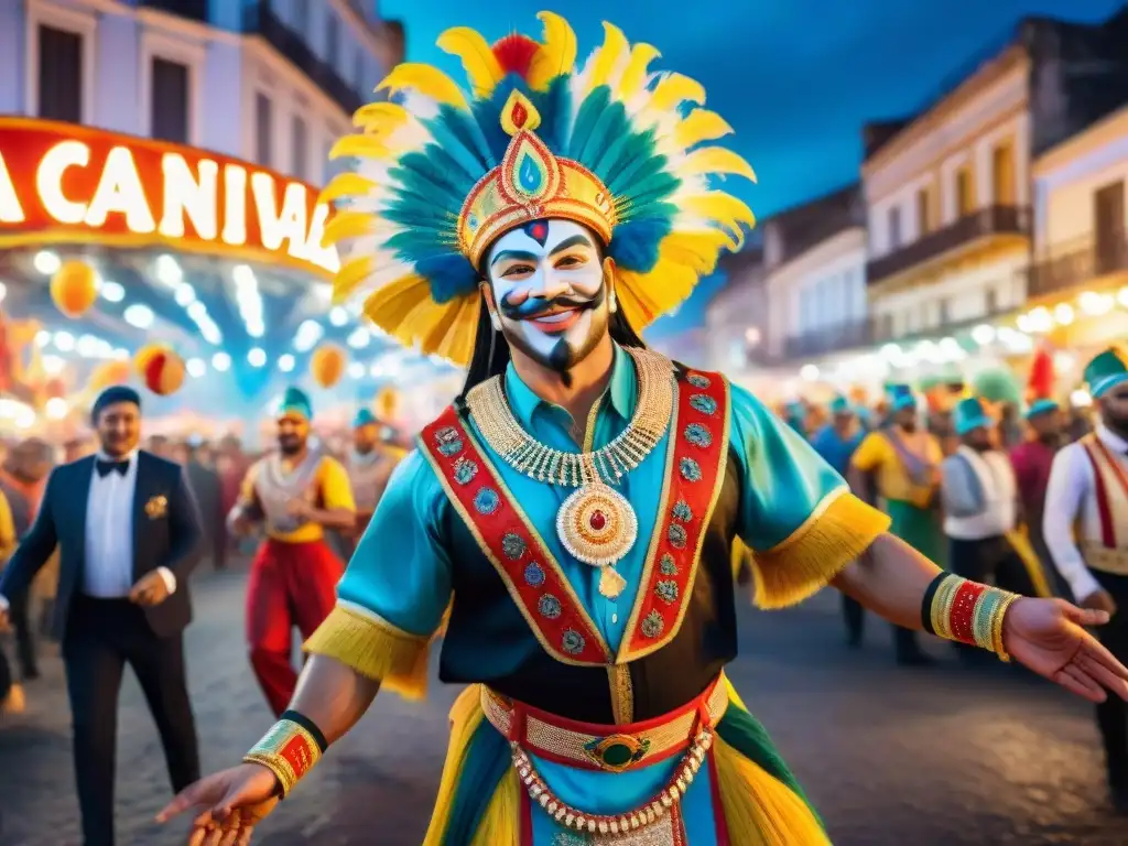 Vibrante pintura acuarela del carnaval uruguayo nocturno Fotografiar el vibrante Carnaval Uruguayo de Noche con coloridos desfiles y danzas llenas de energía