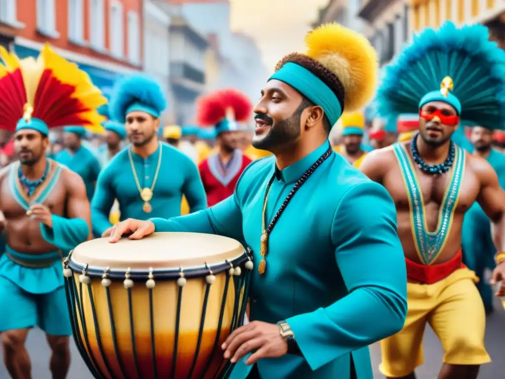 Vibrante ilustración acuarela de músicos de carnaval uruguayo Disfruta del vibrante Carnaval Uruguayo online con músicos, instrumentos tradicionales y coloridos desfiles