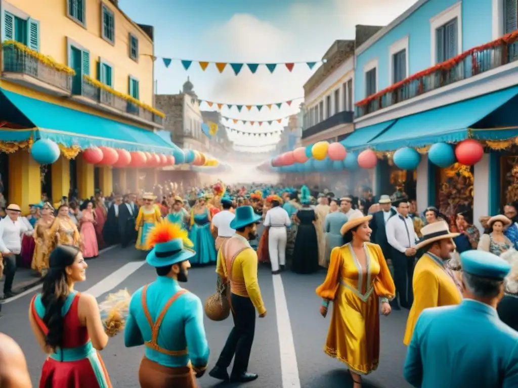 Vibrante carnaval uruguayo: colores, música y alegría Vibrante carnaval uruguayo con parodistas críticos llenos de color y alegría