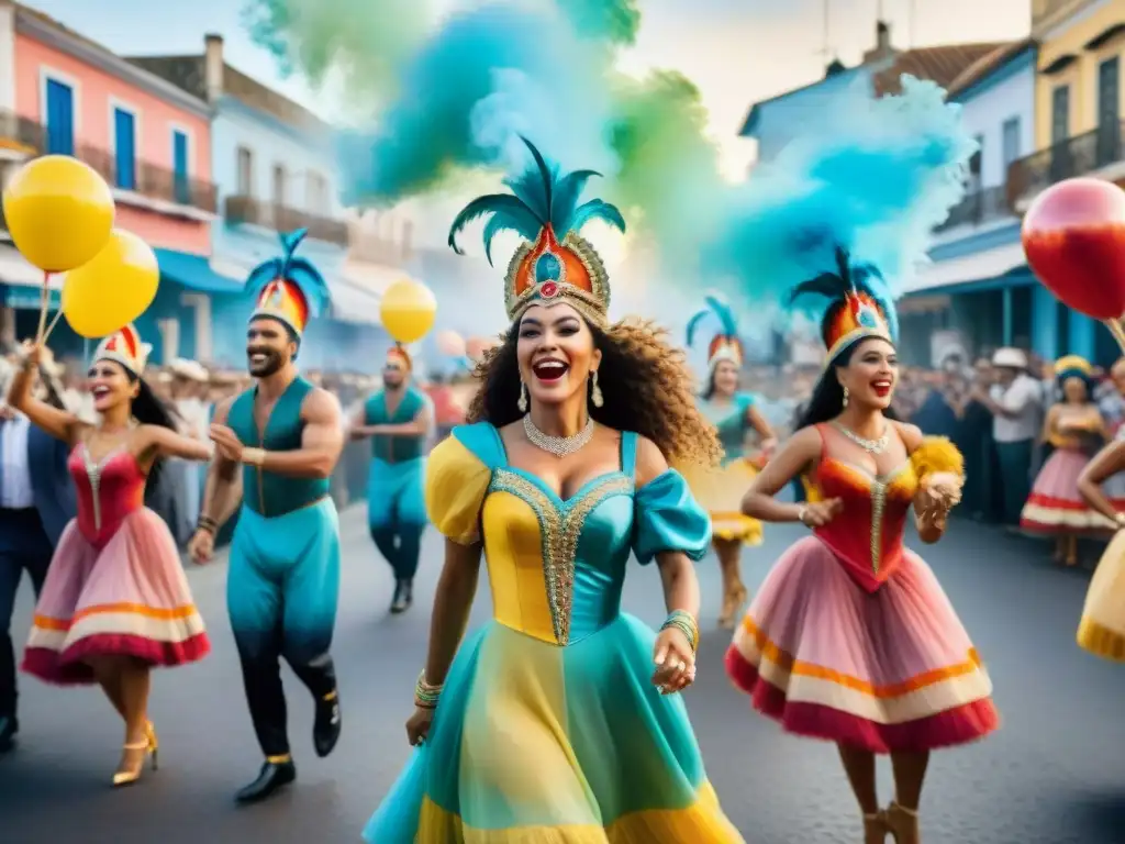 Desfile de Parodistas en Carnaval: Color y Alegría en Uruguay Un vibrante Carnaval Uruguayo con la evolución de los parodistas en trajes coloridos y elaborados bailando y actuando en la calle