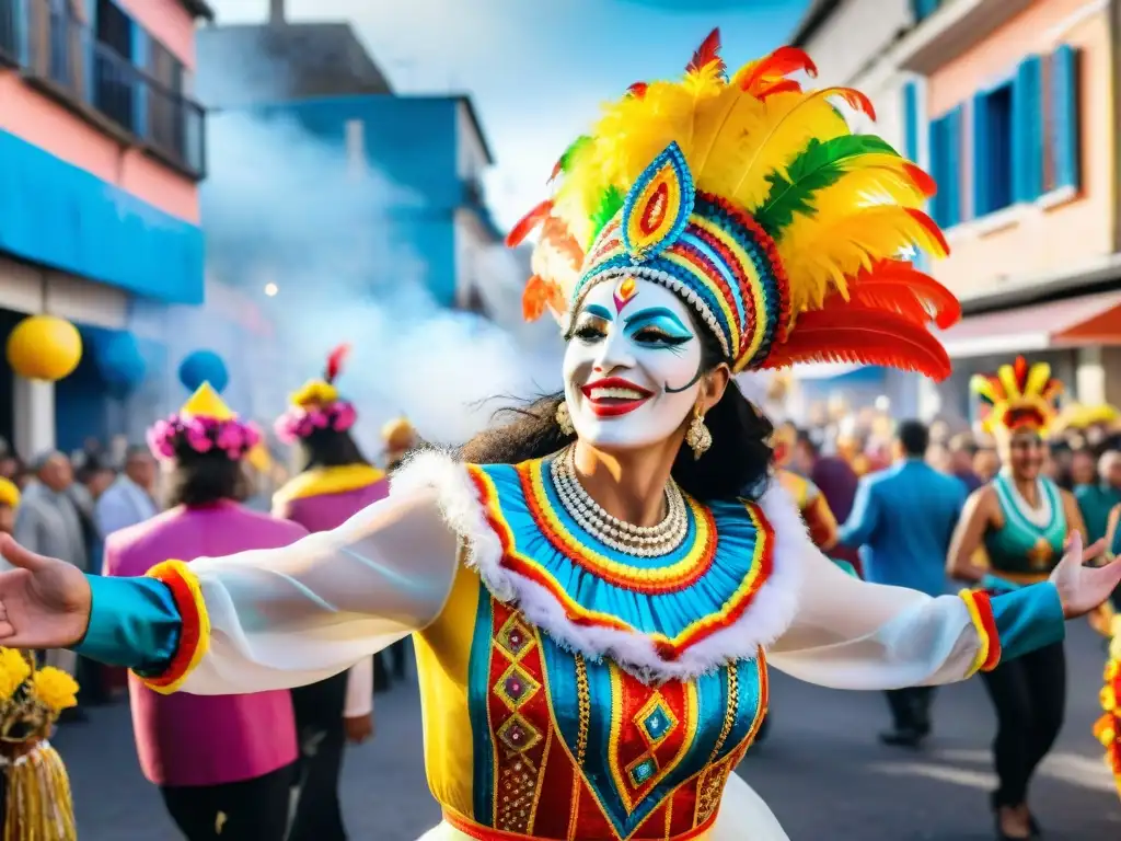 Deslumbrante Carnaval en Uruguay: baile, color y alegría Disfruta del vibrante Carnaval Uruguayo en esta pintura acuarela detallada