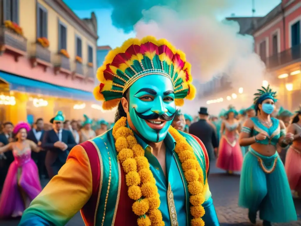 Carnaval Uruguayo: Fiesta de colores y alegría Un vibrante Carnaval Uruguayo plasmado en acuarela, documentando el legado del Carnaval con coloridos bailarines y música festiva