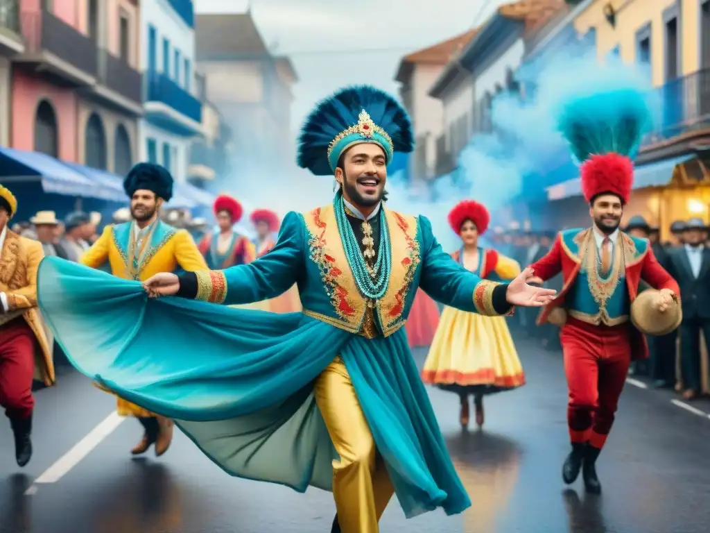 Carnaval Uruguayo: pintura acuarela de escena vibrante y colorida Un vibrante Carnaval Uruguayo retratado en acuarela detallada, lleno de coloridos trajes, música y espectadores