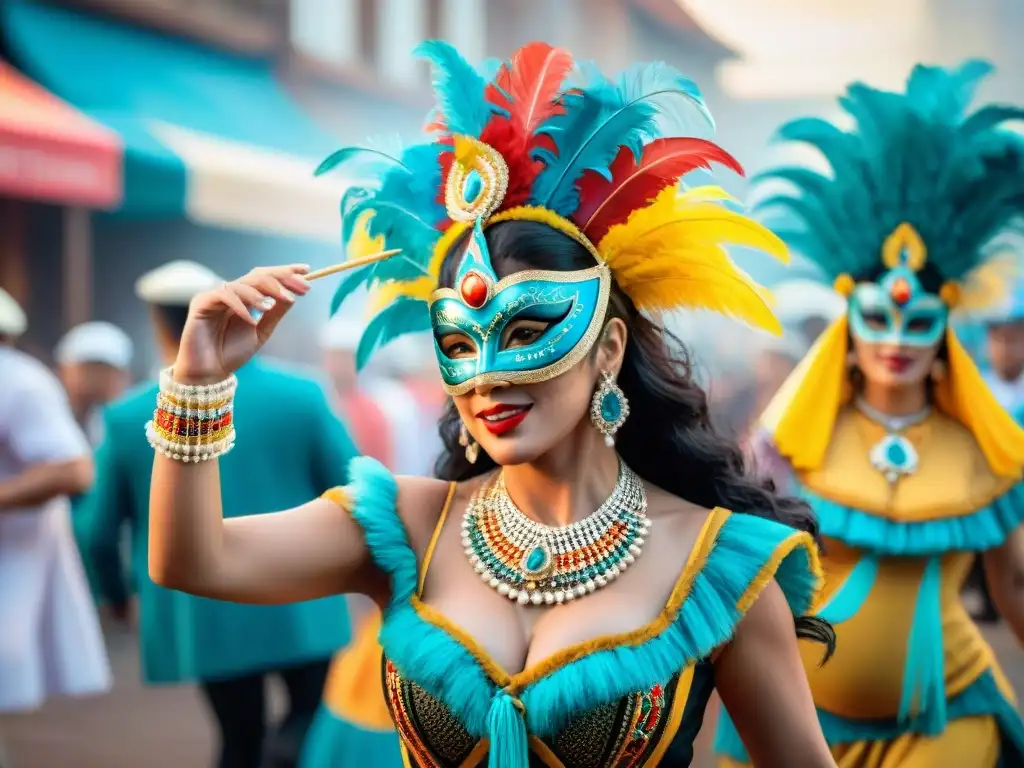 Vibrante pintura acuarela del Carnaval Uruguayo Vibrante Carnaval Uruguayo: Conservación riqueza cultural Carnaval Uruguayo en una pintura acuarela llena de coloridos trajes y bailes dinámicos