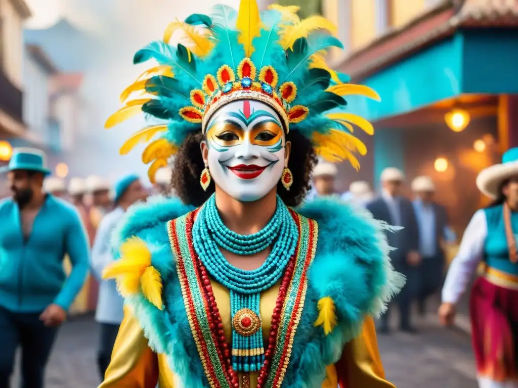 Colorida danza de Carnaval en Uruguay: plumas, tambores y alegría Celebración vibrante del Carnaval Uruguayo, conservación riqueza cultural, danzarines, tambores y máscaras en desfile callejero