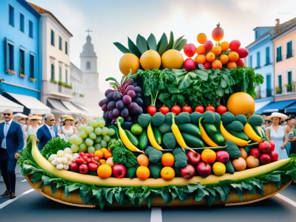 Flotante saludable en Carnaval de Uruguay: dieta equilibrada y colorida Float vibrante en Carnaval Uruguayo promoviendo la salud cardiovascular con frutas y verduras frescas