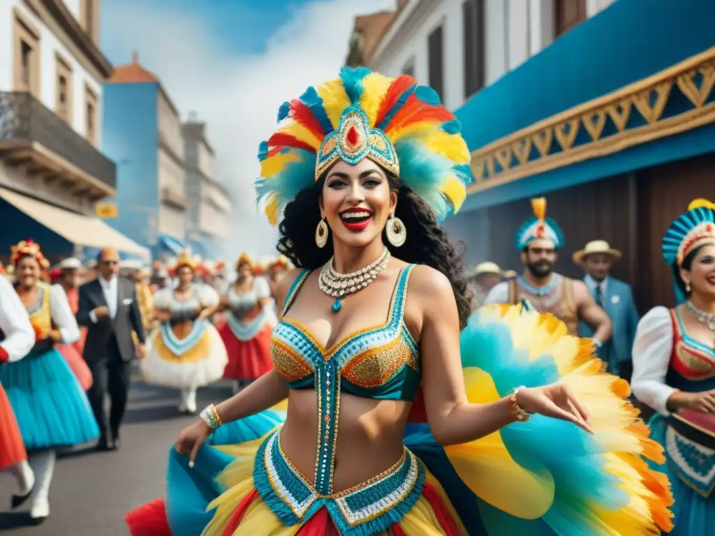 Carnaval vibrante en Uruguay: pintura acuarela del siglo XX Vibrante Carnaval Uruguayo siglo XX: desfile colorido con danzarines y espectadores entusiastas