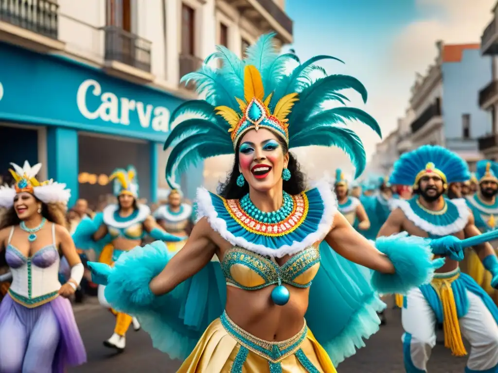 Carnaval en Uruguay: Vibrante desfile de los 80 Vibrante Carnaval Uruguayo siglo XX: desfile colorido con músicos, bailarines y arquitectura de Montevideo de fondo, en acuarela exuberante
