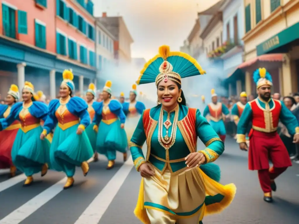 Deslumbrante Carnaval Uruguayo: Colores, Baile y Alegría Una vibrante ilustración acuarela del Carnaval Uruguayo tradición sostenible, con deslumbrantes trajes y energía dinámica en las calles