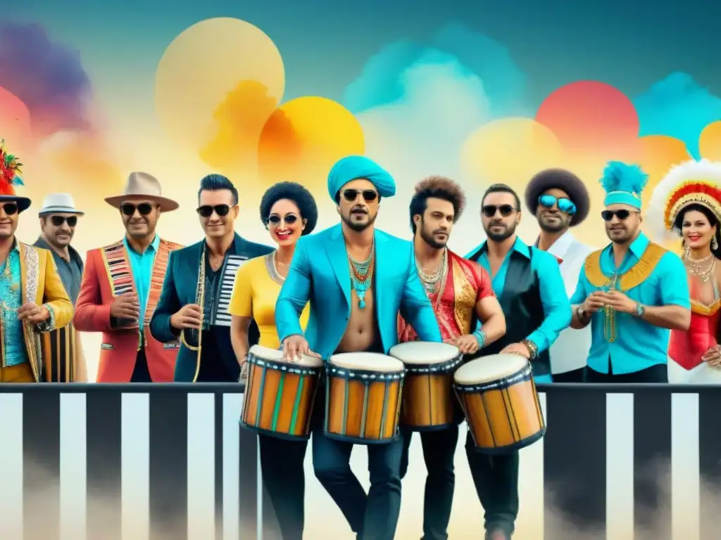 Evolución musical del carnaval uruguayo: de tradición a modernidad Ilustración acuarela vibrante: evolución música Carnaval Uruguayo desde tradicional a moderna, fusión de elementos en dinámica composición