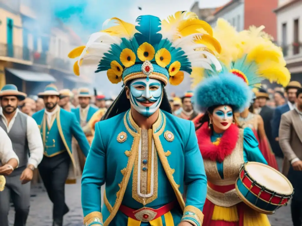 Vibrante Carnaval Uruguayo: Celebración en Acuarela Vibrante Carnaval Uruguayo con trajes y accesorios combinados en detalle