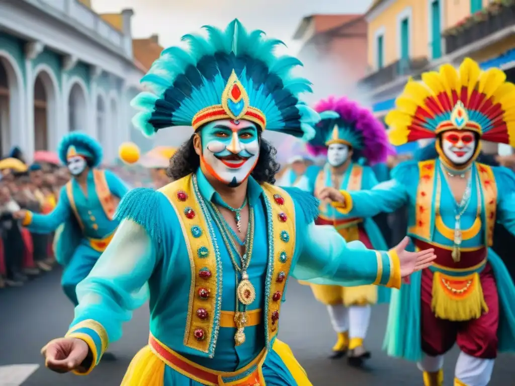 Pintura acuarela del Carnaval en Uruguay Un vibrante Carnaval Uruguayo: trajes detallados, carrozas coloridas y bailarines entusiastas