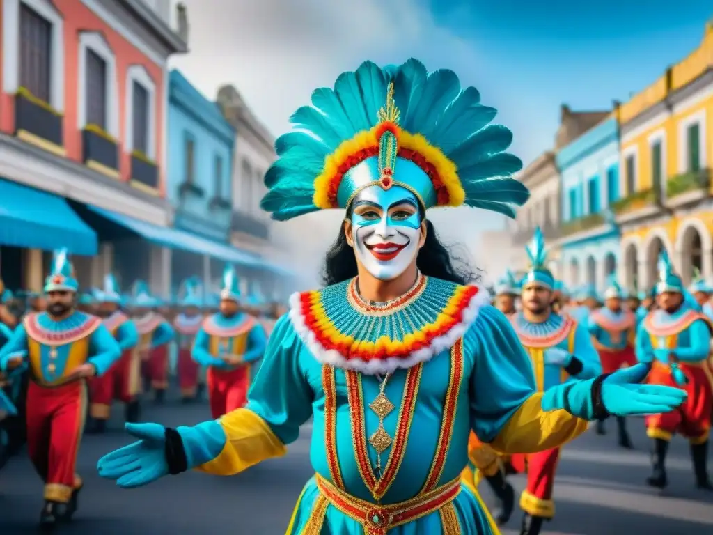 Pintura acuarela del vibrante Carnaval en Uruguay Vibrante Carnaval Uruguayo: trajes detallados, carrozas coloridas y bailarines energéticos al ritmo de la música tradicional