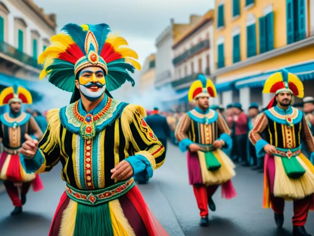 Carnaval Uruguayo: Celebración colorida y animada a través de los tiempos Vibrante ilustración acuarela del Carnaval Uruguayo a través de la historia: bailarines coloridos, tambores y espectadores alegres en las calles