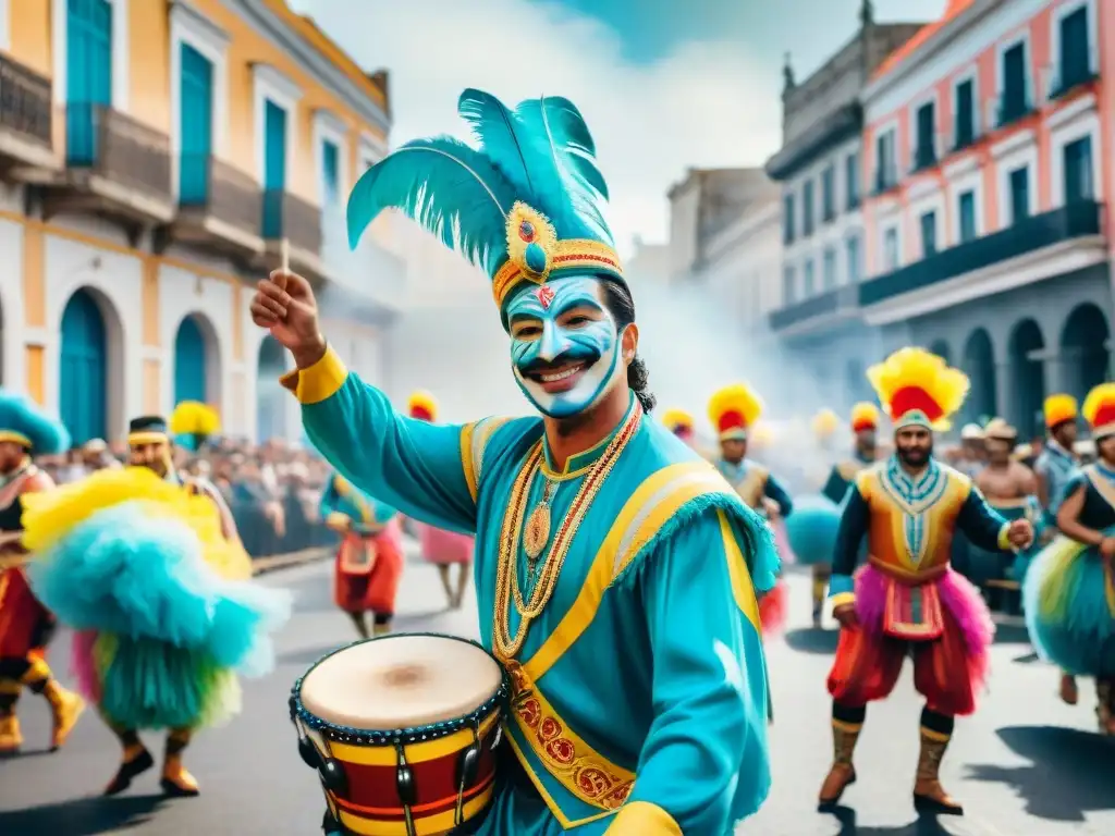 Deslumbrante Carnaval en Uruguay: Colorida celebración festiva Vibrante ilustración acuarela del Carnaval Uruguayo con vestuarios detallados y participantes alegres, celebrando