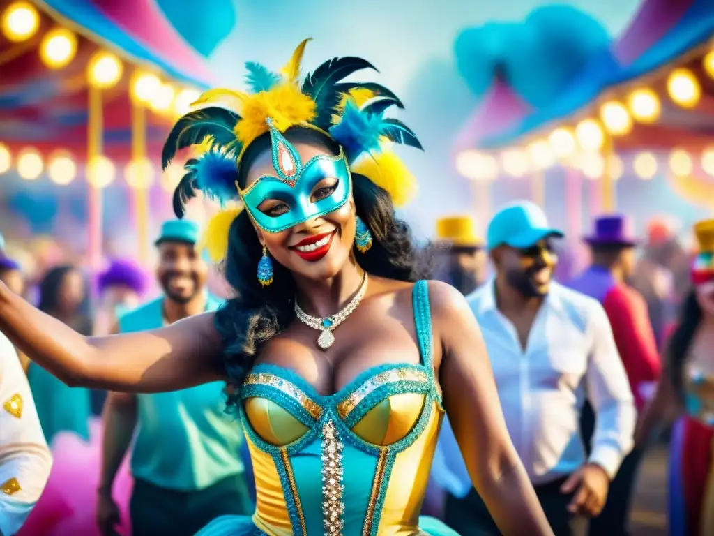 Espectáculo vibrante en acuarela: celebración de carnaval Un vibrante carnaval uruguayo cobra vida en acuarela, con alegres artistas y confeti