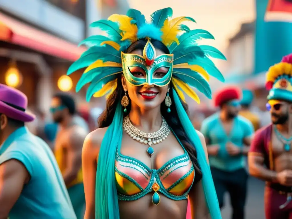 Carnaval Uruguayo virtual: baile, máscaras y alegría en línea Un vibrante Carnaval Uruguayo virtual con máscaras coloridas, bailarines y público en pantallas digitales