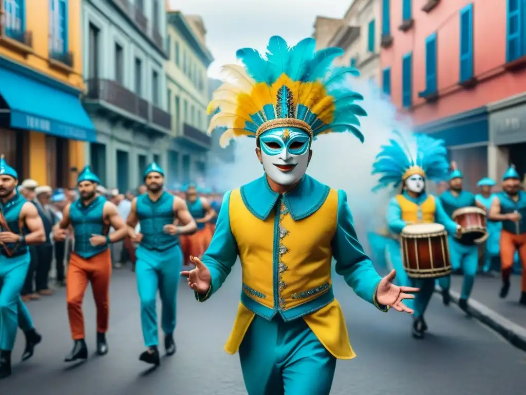 Carnaval Uruguayo: colorida celebración en Montevideo Vibrante ilustración acuarela del Carnaval Uruguayo en Montevideo