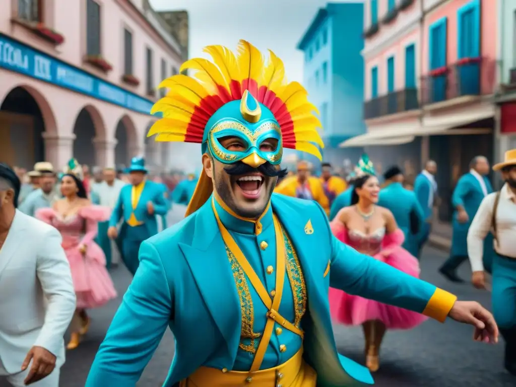 Desfile de Carnaval en Uruguay: color y humor en acuarela Un vibrante Carnaval en Uruguay: humoristas uruguayos llenan la escena con energía y humor en este impresionante arte acuarela