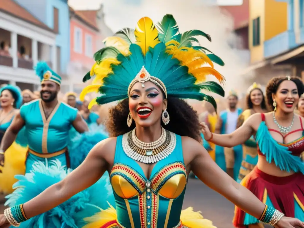 Carnaval en Uruguay: Diversidad y Alegría Una ilustración vibrante de Carnaval con una vedette afrouruguaya en el centro del escenario, rodeada de coloridos trajes y detalles festivos