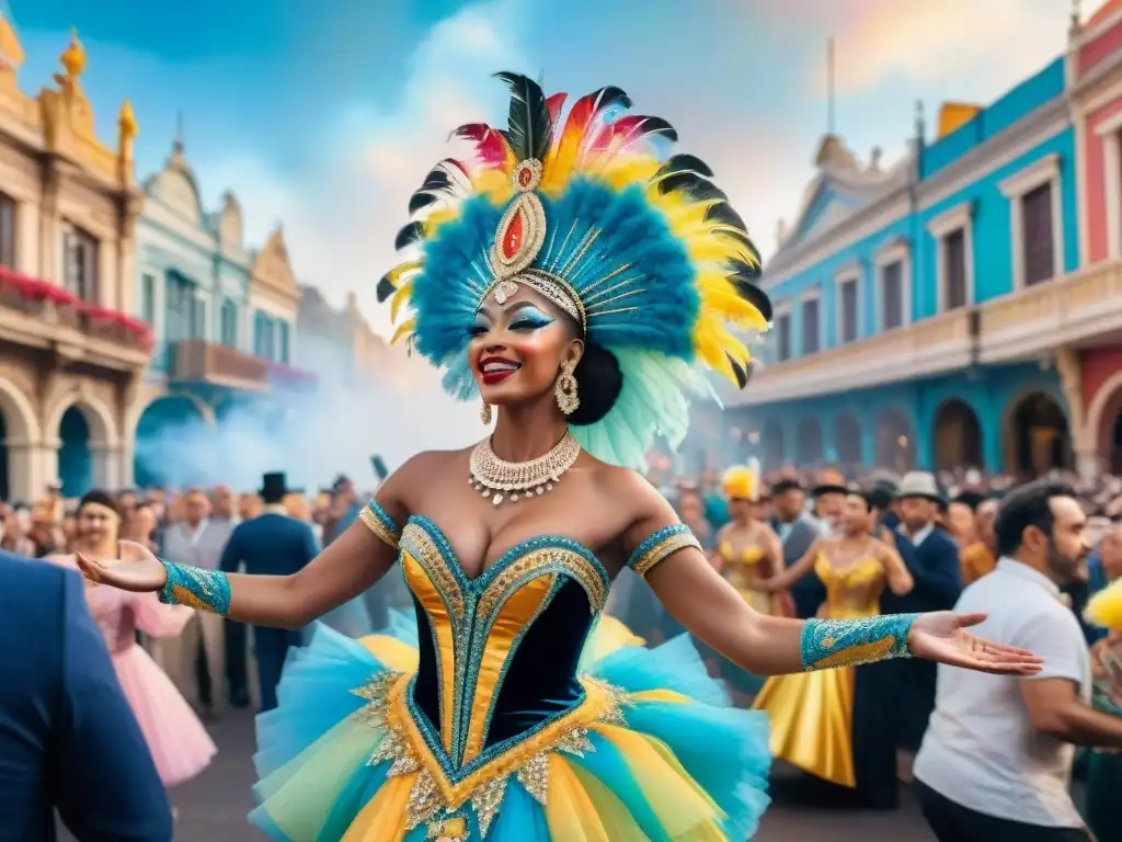 Vibrante danza de Carnaval en Montevideo Un vibrante Carnaval en Montevideo cobra vida con danzantes y espectadores, enmarcados por edificaciones coloniales y fuegos artificiales