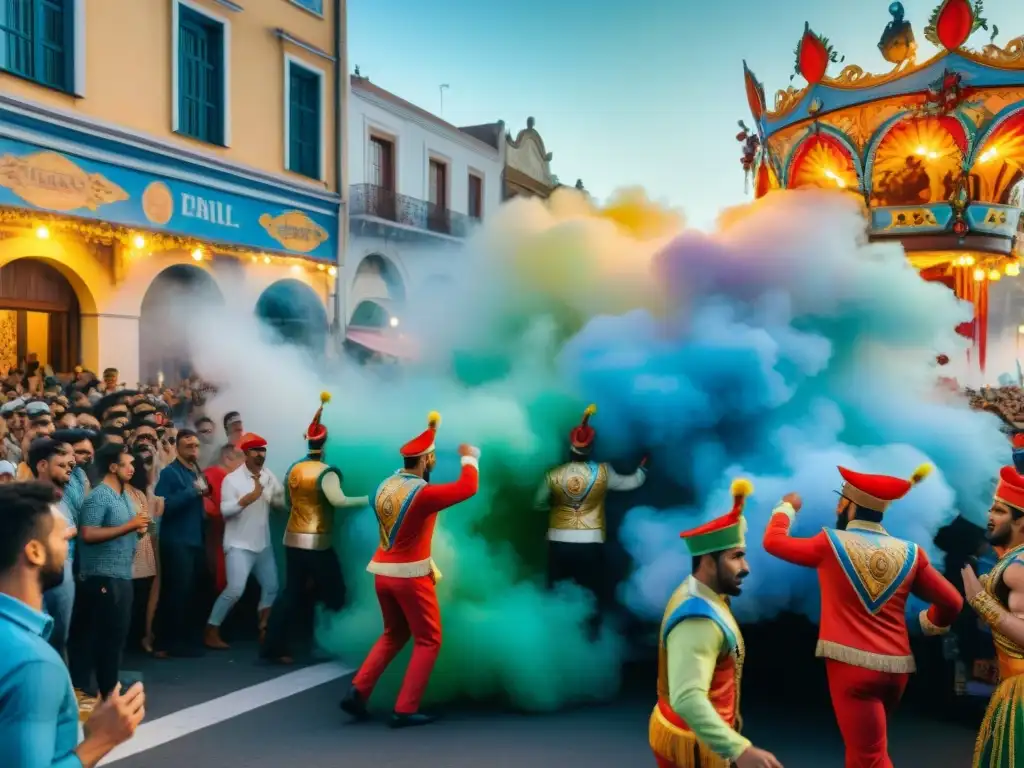 Float vibrante del Carnaval Uruguayo: fusión de tradición e innovación Vibrante carroza de Carnaval en acuarela: fusión de innovación y tradición en el Carnaval Uruguayo