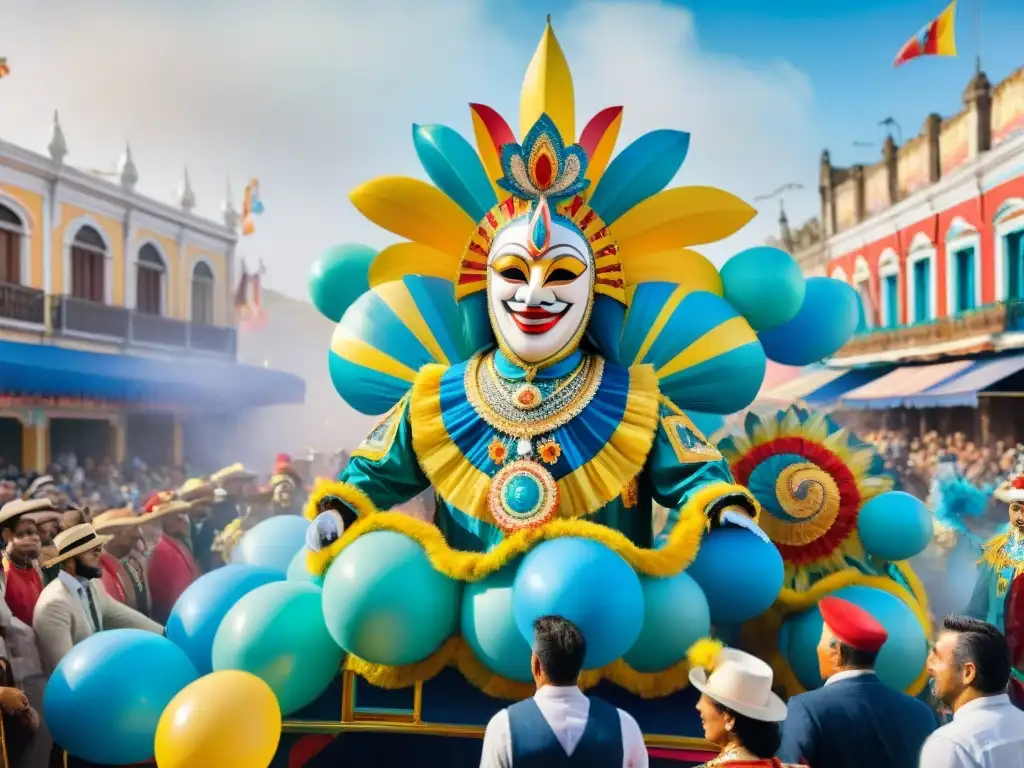 Deslumbrante desfile de Carnaval uruguayo: vibrante y festivo Vibrante carroza del Carnaval Uruguayo capturada en acuarela por un artista plástico