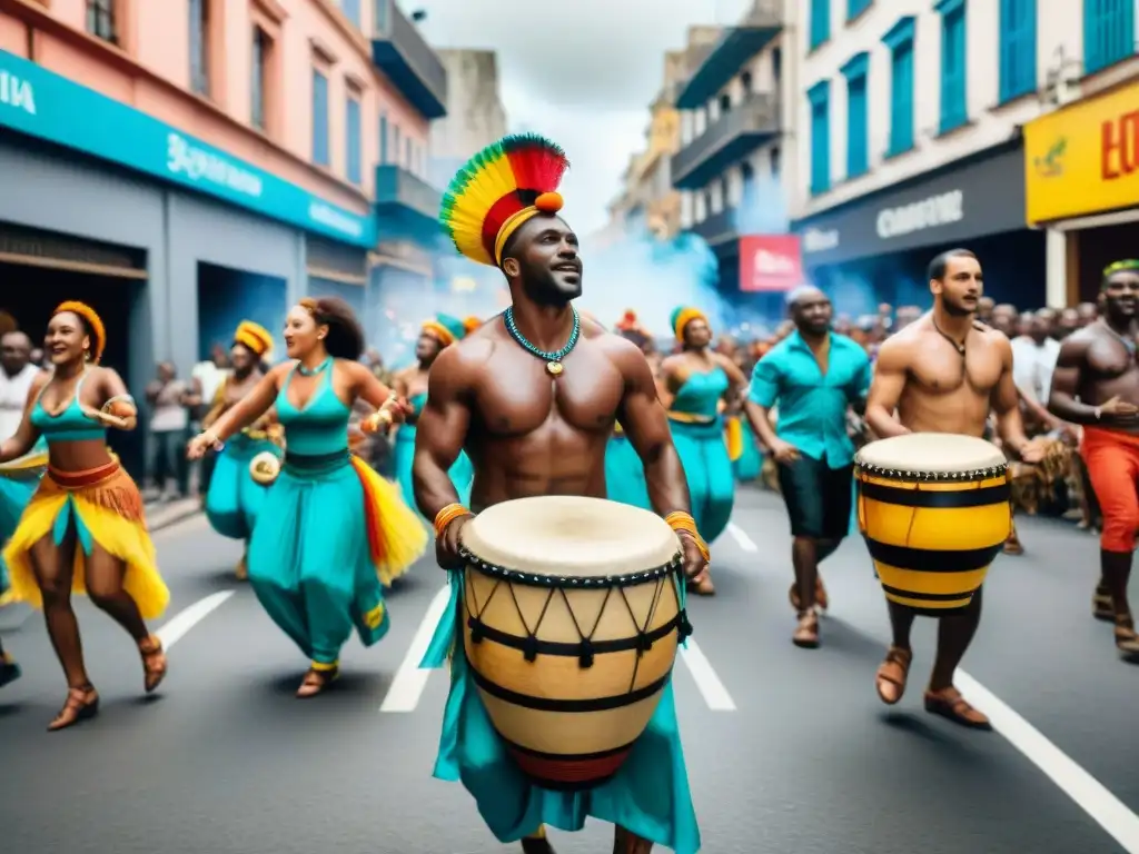 Desfile vibrante en Montevideo: Candombe y diversidad africana Una vibrante celebración callejera en Montevideo, Uruguay, muestra la influencia africana en el Candombe con bailes alegres y tambores