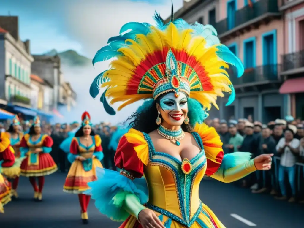 Desfile de Carnaval en Uruguay: colorida celebración comunitaria Una vibrante celebración de Carnaval en Uruguay con floats y trajes coloridos, transmitiendo el impacto ambiental positivo del evento