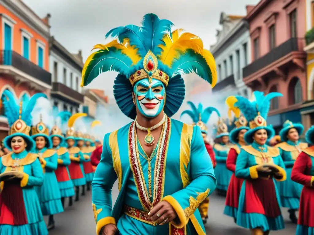 Carnaval Uruguayo: Desfile vibrante y colorido Una vibrante celebración del Carnaval Uruguayo, con desfiles coloridos, trajes elaborados y espectadores entusiastas
