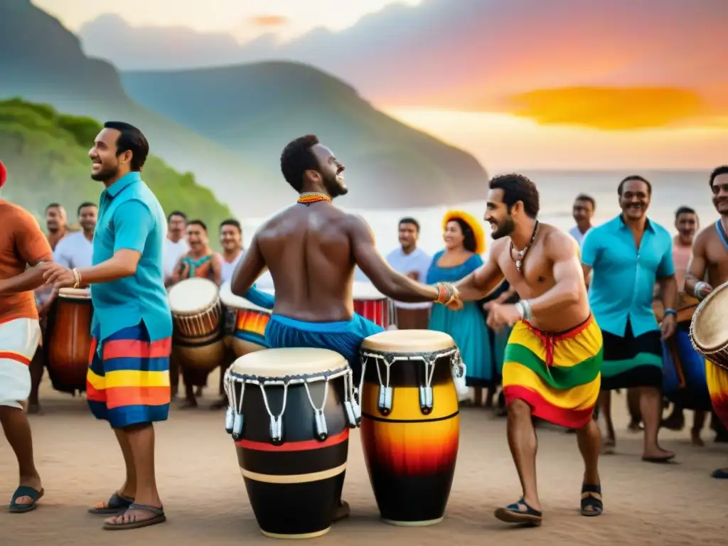 Un vibrante círculo de candombe en Uruguay al atardecer, mostrando beneficios de salud mental