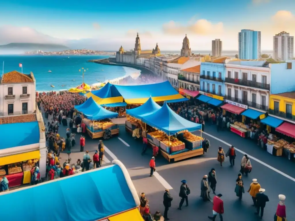 Una vibrante ilustración acuarela de la cocina festiva en Carnaval Uruguayo: desfiles coloridos, bailarines con trajes intricados y comida tradicional