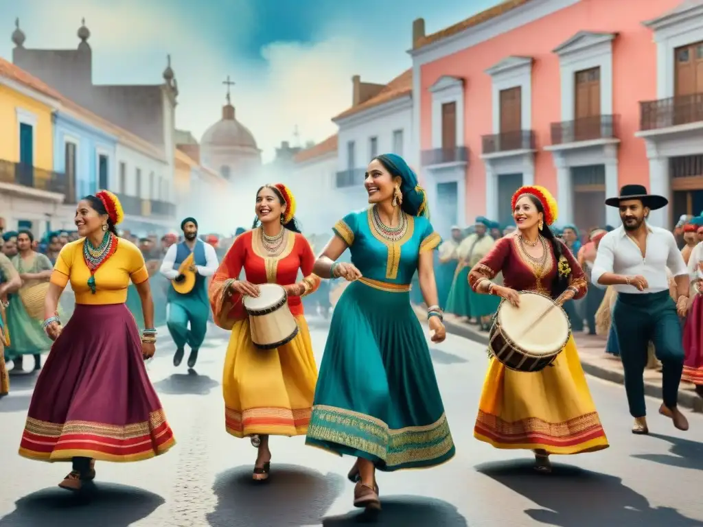 Pintura acuarela: Murga en Uruguay Una vibrante colaboración entre murgas en Uruguay, capturando la energía y la unidad en una colorida escena de calle