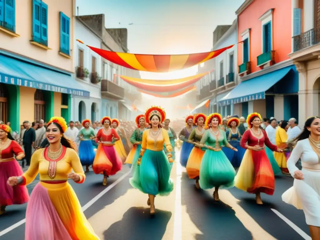 Desfile de Murga en Montevideo: Una explosión de color y energía Vibrante ilustración acuarela de una colorida murga en Montevideo, Uruguay, con impacto social emocional