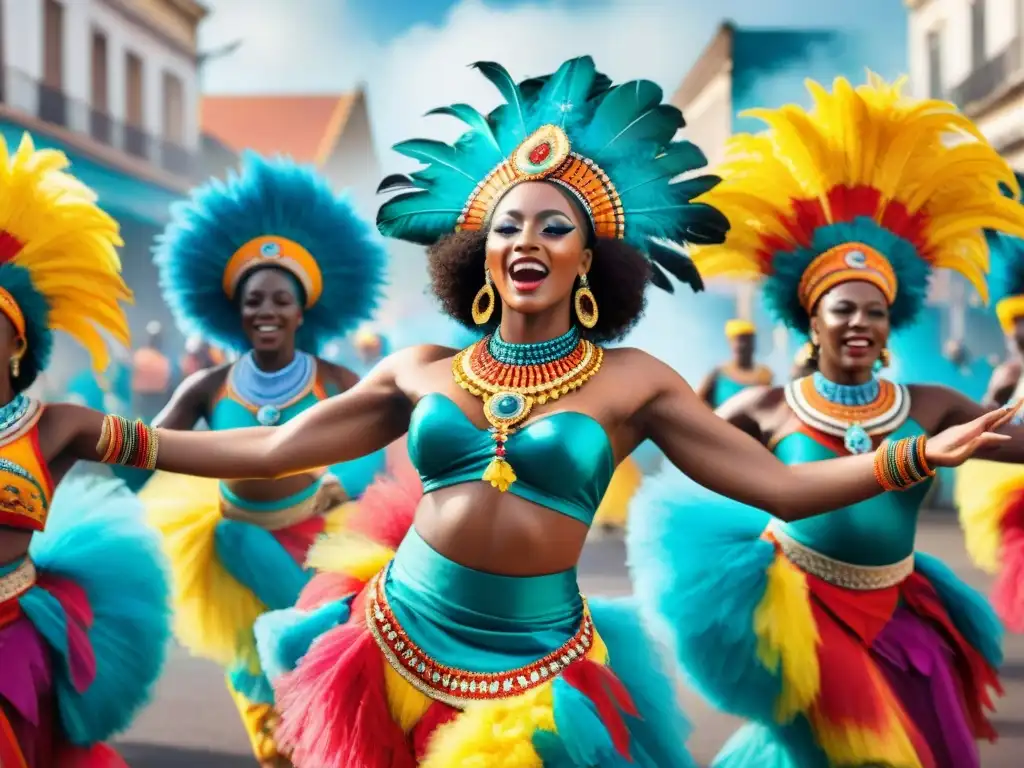 Comparsa africana: baile y color en el Carnaval uruguayo Vibrante comparsa de bailarines en trajes africanos en el Carnaval Uruguayo, lleno de color y movimiento