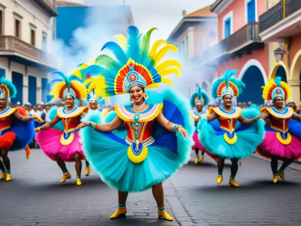 Carnaval Uruguayo: Comparsa colorida y vibrante Vibrante comparsa del Carnaval Uruguayo con danzantes y arquitectura colonial