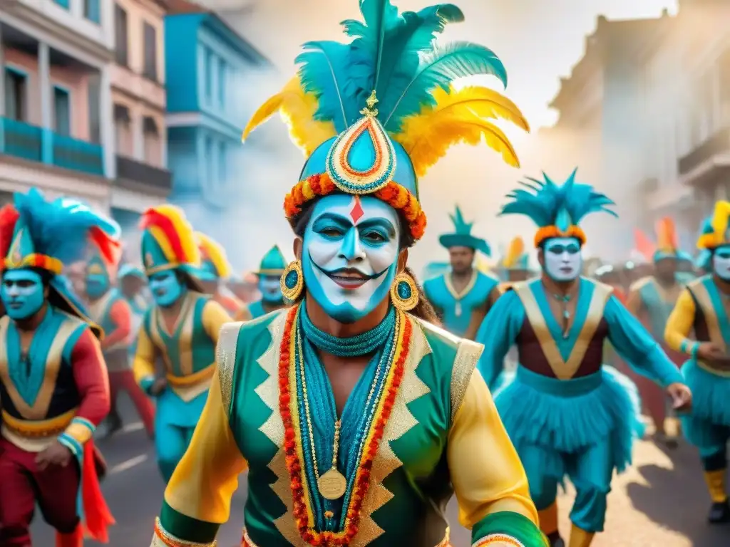 Deslumbrante comparsa de Carnaval en Uruguay Una vibrante comparsa del Carnaval Uruguayo con elementos icónicos como tambores de candombe y coloridos trajes