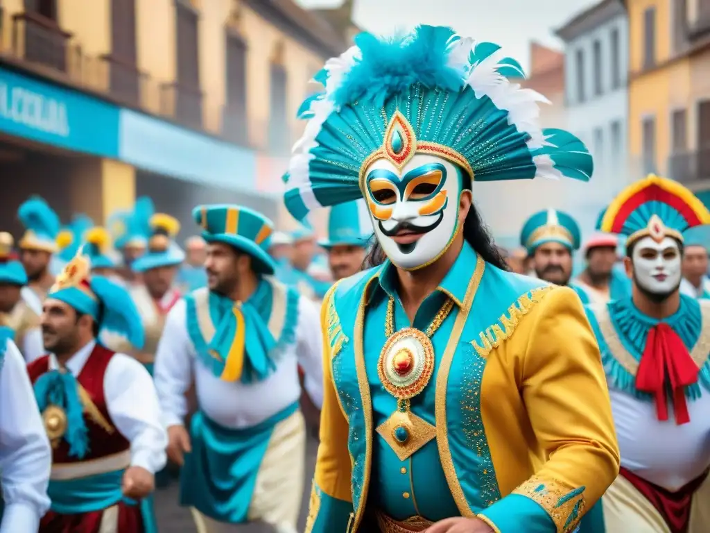 Comparsa en el Carnaval Uruguayo: Explosión de color y alegría Vibrante comparsa en el Carnaval Uruguayo con trajes coloridos y arquitectura tradicional