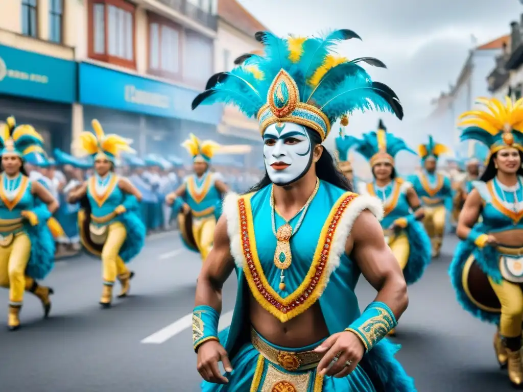 Colorida comparsa en el Carnaval de Uruguay Vibrante comparsa del Carnaval Uruguayo con bailarines, músicos y espectadores
