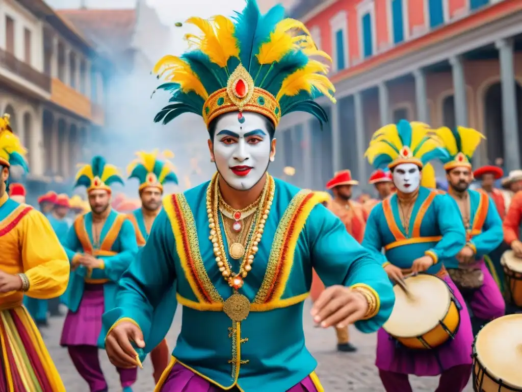 Vibrante comparsa de Carnaval Uruguayo: detallada acuarela Vibrante comparsa del Carnaval Uruguayo, con detalles y energía, preservando la tradición en formato digital