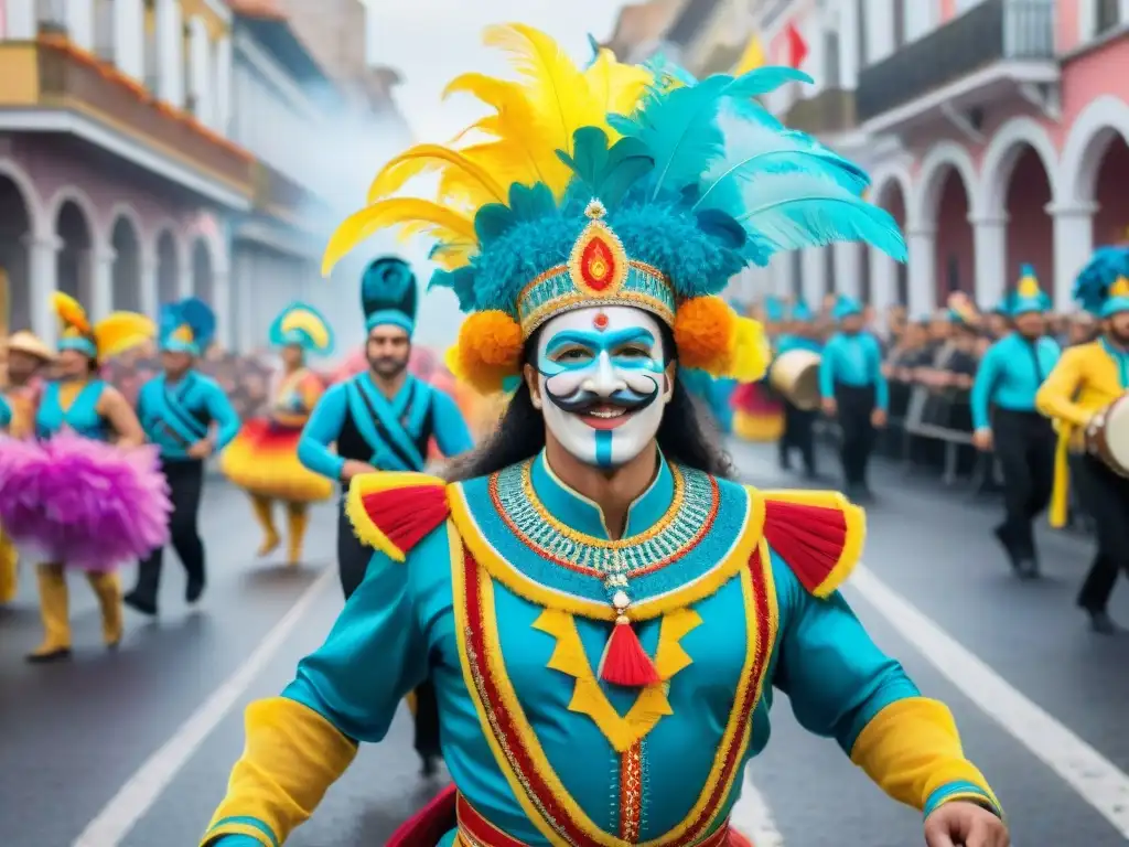 Deslumbrante desfile de comparsas en el Carnaval de Uruguay Una vibrante comparsa del Carnaval Uruguayo con trajes coloridos y danzas energéticas, capturando la historia comparsas Carnaval Uruguayo