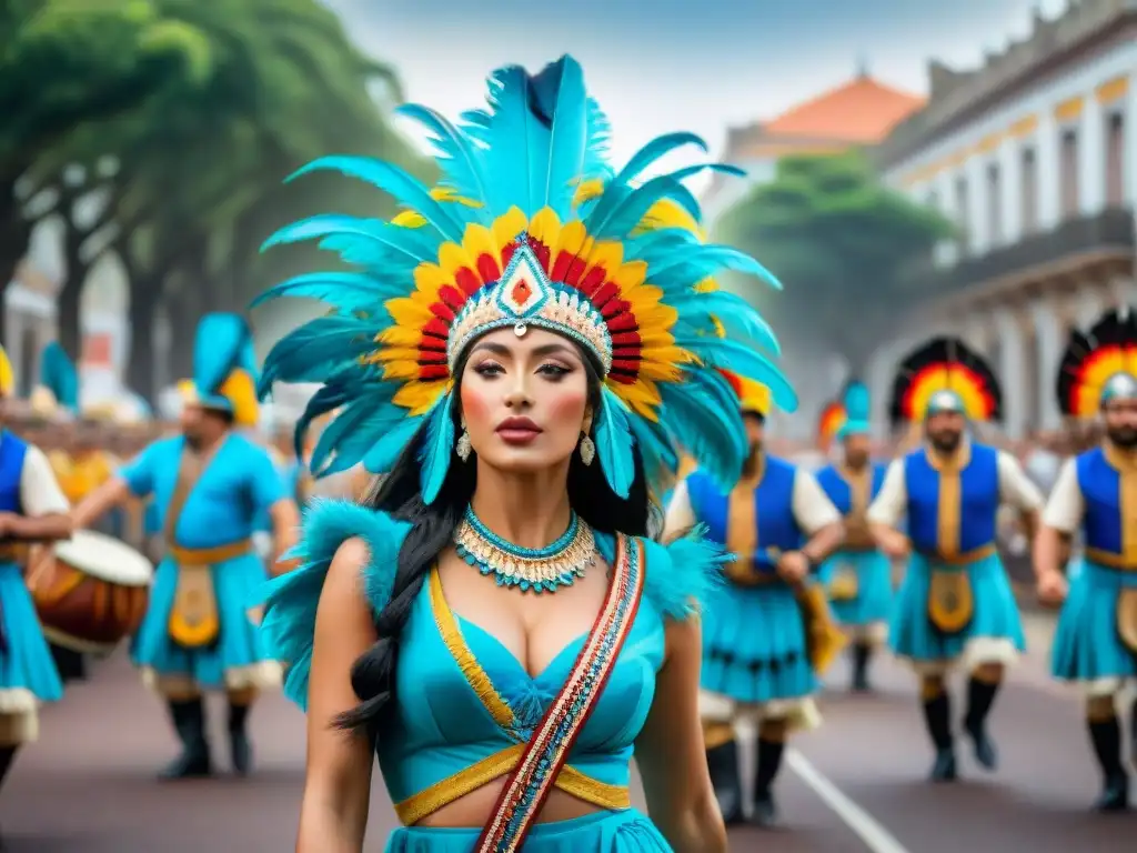 Deslumbrante comparsa uruguaya: colorida danza y arquitectura Vibrante comparsa uruguaya: trajes detallados, plumas coloridas y danzantes en movimiento, impacto identidad uruguaya comparsas