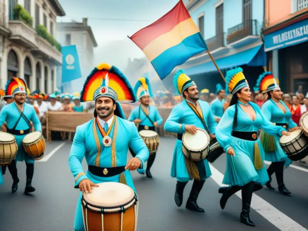 Desfile de comparsas en Uruguay: vívida celebración cultural Una vibrante comparsa uruguaya pintada en acuarela, con impacto en la identidad cultural