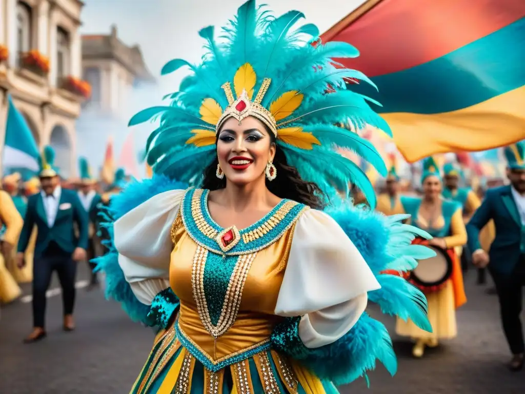 Comparsa uruguaya en Carnaval: un festín de color y tradición Una vibrante comparsa uruguaya en pleno Carnaval, con coloridos trajes y ritmo festivo