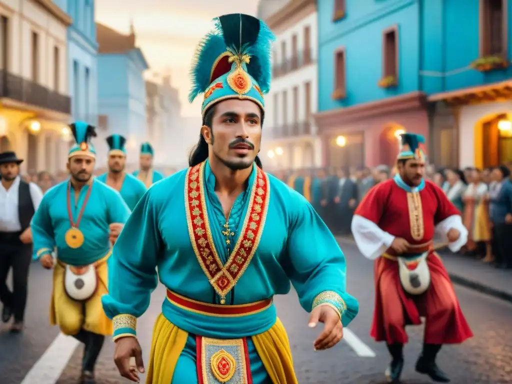 Comparsa uruguaya: tradición y energía en un desfile vibrante Una vibrante ilustración acuarela de comparsas uruguayas, fusionando tradición e innovación en un desfile lleno de color y energía