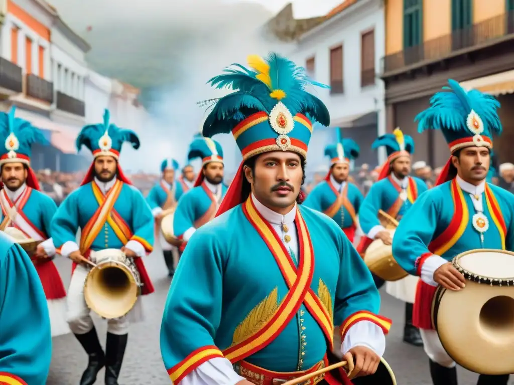Desfile de Comparsas uruguayas: ¡Una fiesta de colores y tradición! Una vibrante ilustración acuarela de la evolución de las comparsas uruguayas, con deslumbrantes trajes y coloridos instrumentos musicales